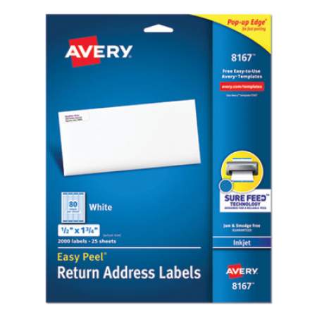 Avery Easy Peel White Address Labels w/ Sure Feed Technology, Inkjet Printers, 0.5 x 1.75, White, 80/Sheet, 25 Sheets/Pack (8167)
