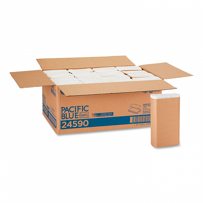 Pacific Blue Basic M-Fold Paper Towels, 1-Ply, 9.2 x 9.4, White, 250/Pack, 16 Packs/Carton (24590)