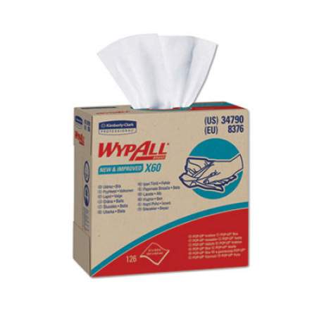 WypAll X60 Cloths, POP-UP Box, White, 9 1/8 x 16 4/5, 126/Box (34790BX)