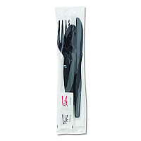 Wrapped Tableware/Napkin Packets, Mediumweight, Fork/Knife/Napkin/Spoon, Plastic, Black, 250/Carton (CH56NSPC7)
