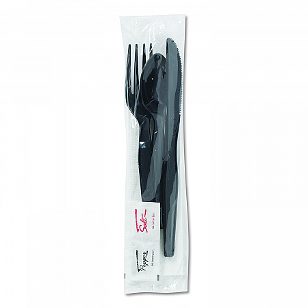 Wrapped Tableware/Napkin Packets, Mediumweight, Fork/Knife/Napkin/Spoon, Plastic, Black, 250/Carton (CH56NSPC7)
