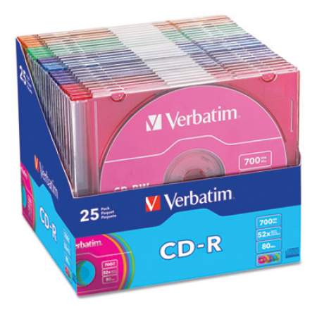 Verbatim CD-R Recordable Disc, 700 MB/80 min, 52x, Slim Jewel Case, Assorted, 25/Pack (94611)