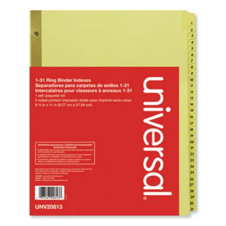 Universal Deluxe Preprinted Plastic Coated Tab Dividers with Black Printing, 31-Tab, 1 to 31, 11 x 8.5, Buff, 1 Set (20813)