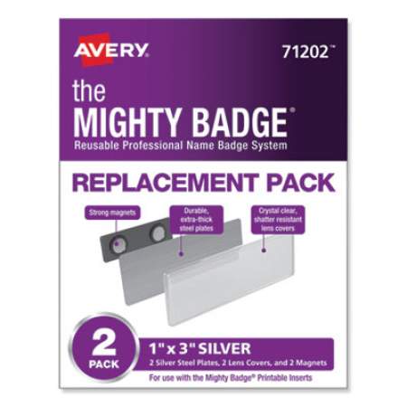 Avery The Mighty Badge Name Badge Holders, Horizontal, 3 x 1, Silver, 2/Pack (71202)