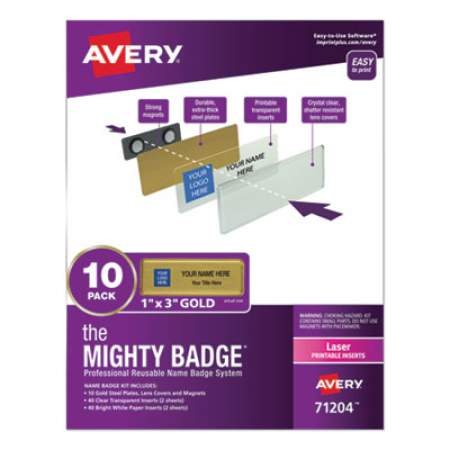 Avery The Mighty Badge Name Badge Holder Kit, Horizontal, 3 x 1, Laser, Gold, 10 Holders/ 80 Inserts (71204)
