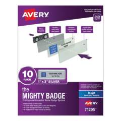 Avery The Mighty Badge Name Badge Holder Kit, Horizontal, 3 x 1, Inkjet, Silver, 10 Holders/ 80 Inserts (71205)