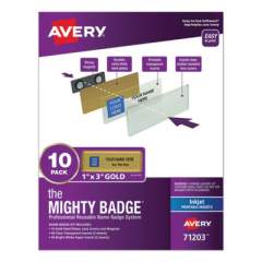Avery The Mighty Badge Name Badge Holder Kit, Horizontal, 3 x 1, Inkjet, Gold, 10 Holders/ 80 Inserts (71203)