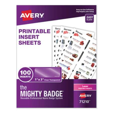 Avery The Mighty Badge Name Badge Inserts, 1 x 3, Clear, Laser, 20/Sheet, 5 Sheets/Pack (71210)