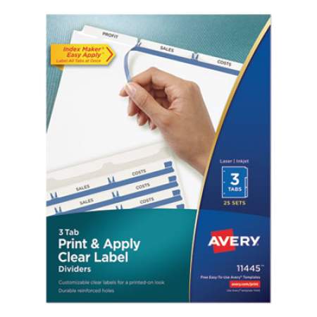Avery Print and Apply Index Maker Clear Label Dividers, 3 White Tabs, Letter, 25 Sets (11445)
