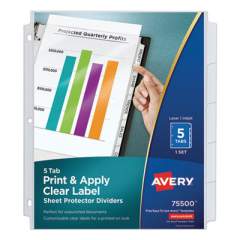 Avery Print and Apply Index Maker Clear Label Sheet Protector Dividers with White Tabs, 5-Tab, 11 x 8.5, White, 1 Set (75500)