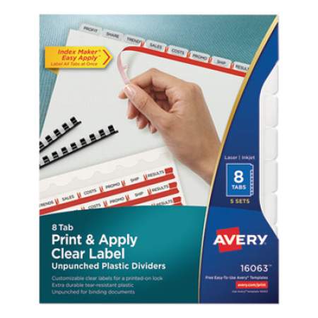 Avery Print and Apply Index Maker Clear Label Unpunched Dividers with Printable Label Strip, 8-Tab, 11 x 8.5, Clear, 5 Sets (16063)