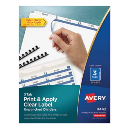 Avery Print and Apply Index Maker Clear Label Unpunched Dividers, 3-Tab, Ltr, 25 Sets (11442)