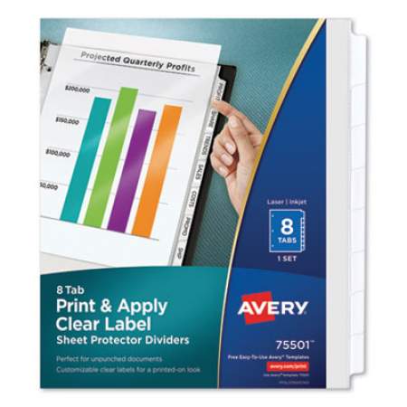 Avery Print and Apply Index Maker Clear Label Sheet Protector Dividers with White Tabs, 8-Tab, 11 x 8.5, Clear, 1 Set (75501)