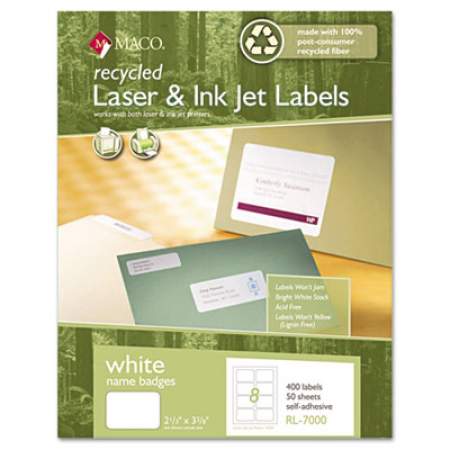 MACO Recycled Laser/Inkjet White Name Badge Labels, 3 3/8 x 2 1/3, White, 400/Box (RL7000)