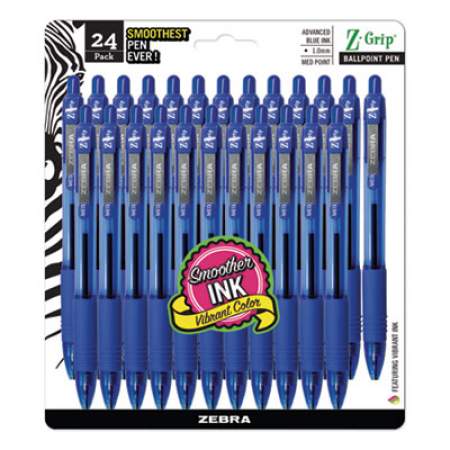 Zebra Z-Grip Ballpoint Pen, Retractable, Medium 1 mm, Blue Ink, Clear Barrel, 24/Pack (12225)