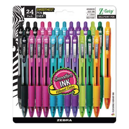 Zebra Z-Grip Ballpoint Pen, Retractable, Medium 1 mm, Assorted Artistic Ink Colors, Clear Barrel, 24/Pack (12271)