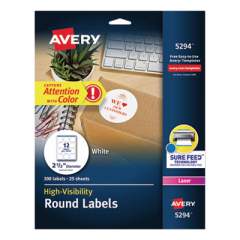 Avery Permanent Laser Print-to-the-Edge ID Labels w/SureFeed, 2 1/2"dia, White, 300/PK (5294)