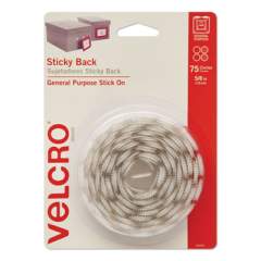 VELCRO Sticky-Back Fasteners, Removable Adhesive, 0.63" dia, White, 75/Pack (90090)
