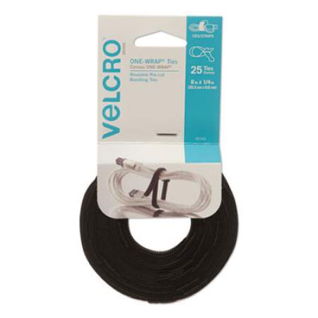 VELCRO ONE-WRAP Pre-Cut Thin Ties, 0.25" x 8", Black, 25/Pack (91141)