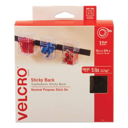 VELCRO Sticky-Back Fasteners with Dispenser, Removable Adhesive, 0.75" x 15 ft, Black (90081)