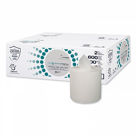 DissolveTech Center-Pull Paper Towel, 1-Ply, 7.6 x 10, White, 600 Sheets/Roll, 6 Rolls/Carton (410334)