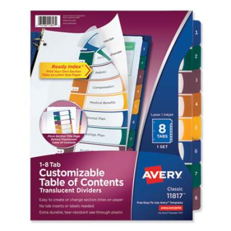 Avery Customizable Table of Contents Ready Index Dividers with Multicolor Tabs, 8-Tab, 1 to 8, 11 x 8.5, Translucent, 1 Set (11817)