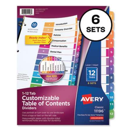 Avery Customizable TOC Ready Index Multicolor Dividers, 12-Tab, Letter, 6 Sets (11196)