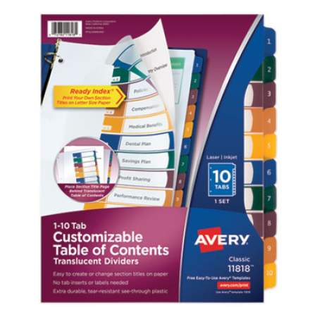 Avery Customizable Table of Contents Ready Index Dividers with Multicolor Tabs, 10-Tab, 1 to 10, 11 x 8.5, Translucent, 1 Set (11818)
