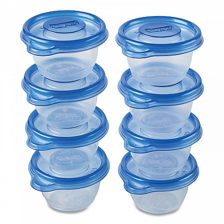 Mini Round Food Storage Containers, 4 oz, Clear/Blue, Plastic, 8/Pack (70240PK)