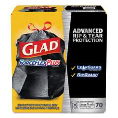 Glad ForceFlexPlus Drawstring Large Trash Bags, 30 gal, 1.05 mil, 30" x 32", Black, 70/Box (70358)