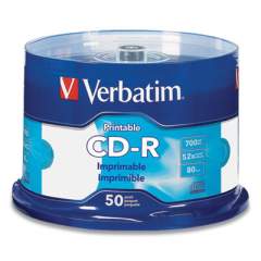 Verbatim CD-R Printable Recordable Disc, 80 min, 52x, Spindle, White, 50/Pack (1673336)