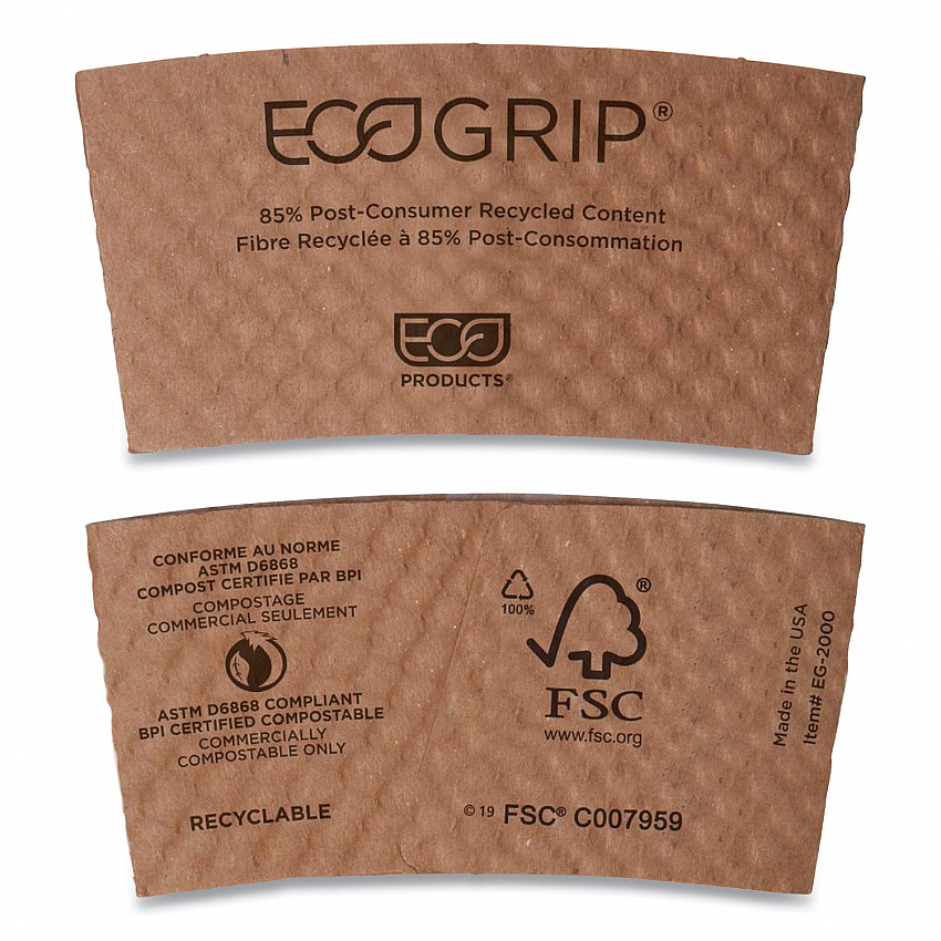 EcoGrip Recycled Content Hot Cup Sleeve, Fits 12, 16, 20, 24 oz Cups, Kraft, 1,300/Carton (EG2000)