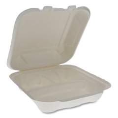 Pactiv Evergreen EarthChoice Bagasse Hinged Lid Container, 3-Compartment, Dual Tab Lock, 7.8 x 7.8 x 2.8, Natural, 150/Carton (YMCH08030001)