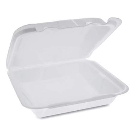 Pactiv Evergreen Foam Hinged Lid Containers, Dual Tab Lock Happy Face, 8 x 7.75 x 2.25, White, 200/Carton (YHD18SS00200)