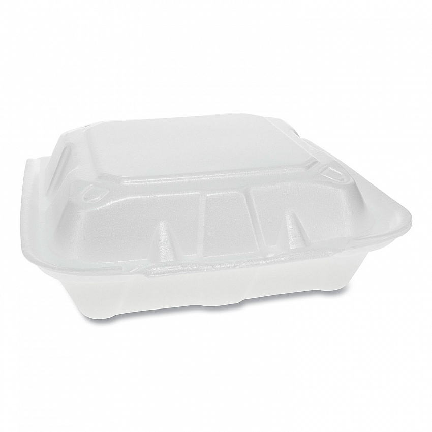 Vented Foam Hinged Lid Container, Dual Tab Lock, 3 Compartments, 8.4 x 8 x 3, White, 150/Carton (YTD188030000)