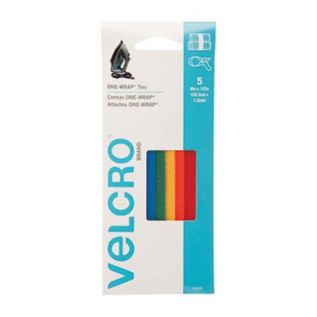 VELCRO ONE-WRAP Pre-Cut Thin Ties, 0.5" x 8", Assorted Colors, 5/Pack (906489)