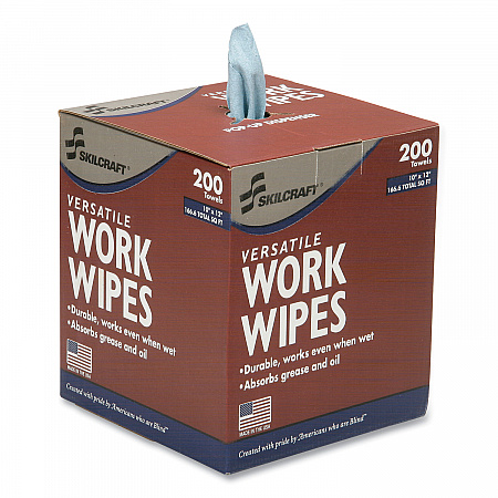 7920016849744, SKILCRAFT Industrial Work Wipes, 1-Ply, 12 x 10, Blue, 200 Sheets/Box, 8 Boxes/Carton (6849744)
