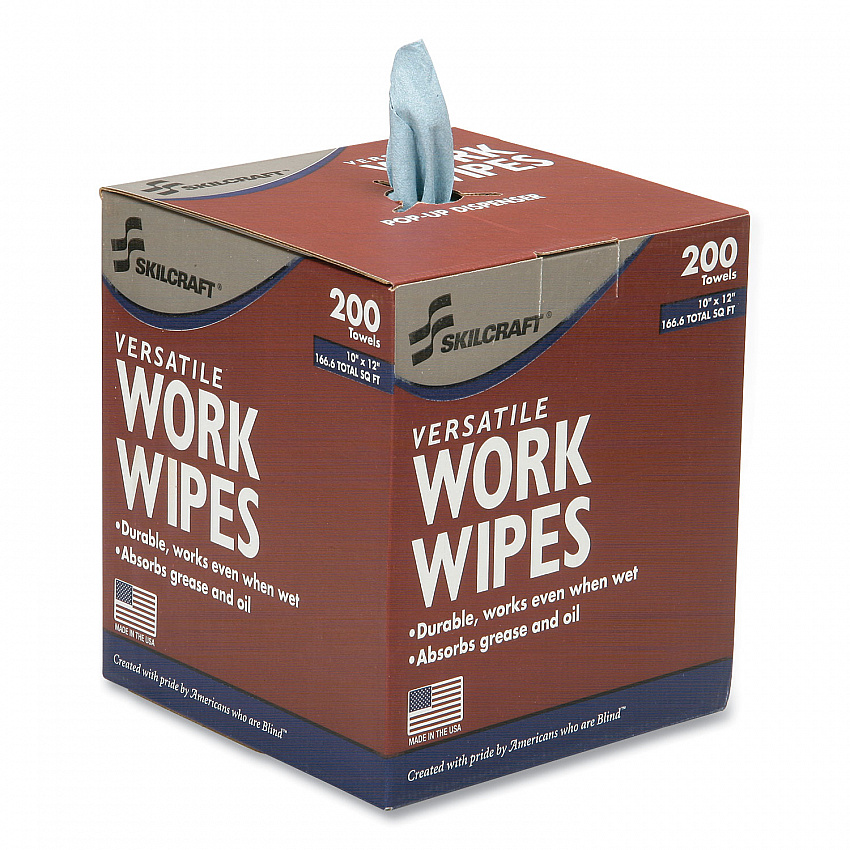 7920016849744, SKILCRAFT Industrial Work Wipes, 1-Ply, 12 x 10, Blue, 200 Sheets/Box, 8 Boxes/Carton (6849744)