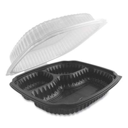 Anchor Packaging Culinary Lites Microwavable 3-Compartment Container, 26 oz/7 oz/7 oz, 10.56 x 9.98 x 3.19, Clear/Black, 100/Carton (4699631)