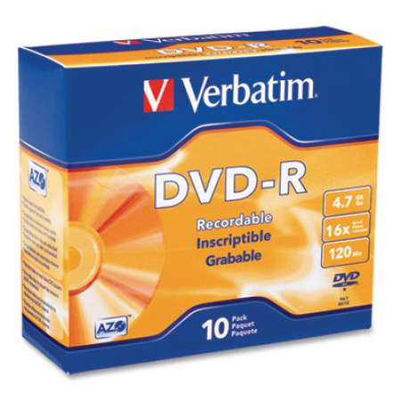 Verbatim DVD-R Recordable Disc, 4.7GB, 16x, Slim Jewel Case, Matte Silver, 10/Pack (95099)
