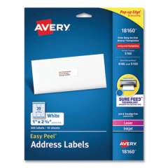 Avery Easy Peel White Address Labels with Sure Feed Technology, Inkjet Printers, 1 x 2.63, White, 30/Sheet, 10 Sheets/Pack (912091)