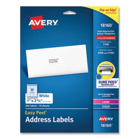 Avery Easy Peel White Address Labels with Sure Feed Technology, Inkjet Printers, 1 x 2.63, White, 30/Sheet, 10 Sheets/Pack (18160)