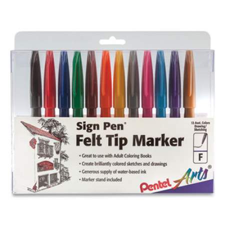 Pentel Arts Sign Pen Fine Point Color Marker, Extra-Fine Bullet Tip, Assorted Colors, 12/Set (S52012)