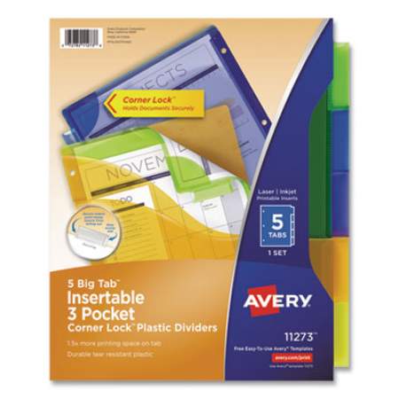 Avery Insertable Big Tab Plastic Three-Pocket Corner Lock Dividers, 5-Tab, 11.13 x 9.25, Assorted, 1 Set (11273)