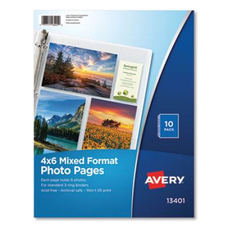 Avery Photo Storage Pages for Six 4 x 6 Mixed Format Photos, 3-Hole Punched, 10/Pack (13401)