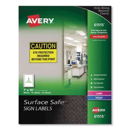 Avery Surface Safe Removable Label Safety Signs, Inkjet/Laser Printers, 7 x 10, White, 15/Pack (61515)