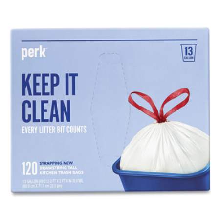 Perk Drawstring Tall Kitchen Trash Bags, 13 gal, 0.9 mil, 28" x 24", White, 120/Box (24377876)