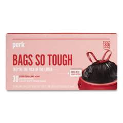 Perk Drawstring Heavy-Duty Trash Bags, 33 gal, 1.1 mil, 37" x 33", Black, 30/Box (24377879)