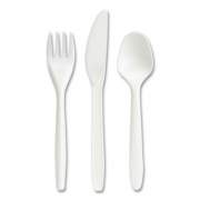 Perk Eco-ID Mediumweight Compostable Cutlery, Fork/Knife/Teaspoon, White, 120 Sets/Pack (24394124)