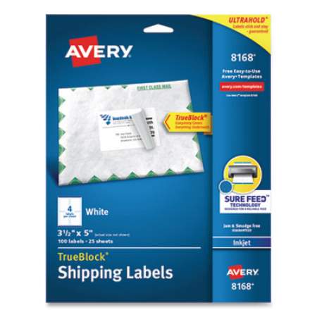 Avery Shipping Labels w/ TrueBlock Technology, Inkjet Printers, 3.5 x 5, White, 4/Sheet, 25 Sheets/Pack (8168)
